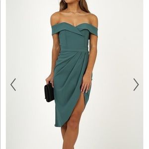 Teal off the shoulder midi dress